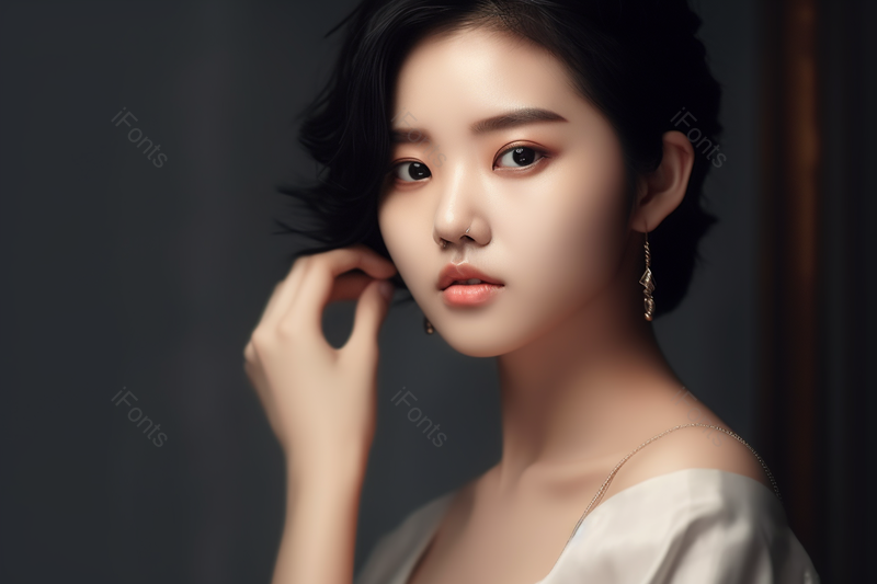 亚洲知性大方的女性美女手摸着脸颊摄影背景,高清,摄影图,摄影图片,图片大全,摄影图免费下载